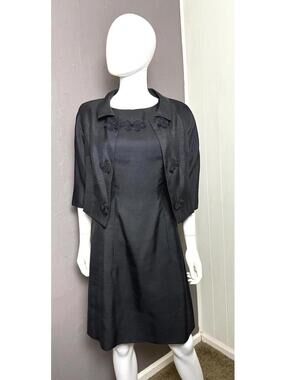 1960's Dress + Cropped Jacket Black Shantung Silk size M Chic LBD Audrey Set